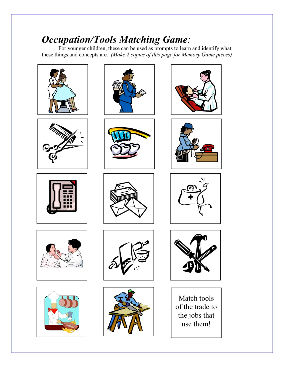 Occupation-and-tools matching game has seven job pictures and seven tool pictures, including a chef and pans