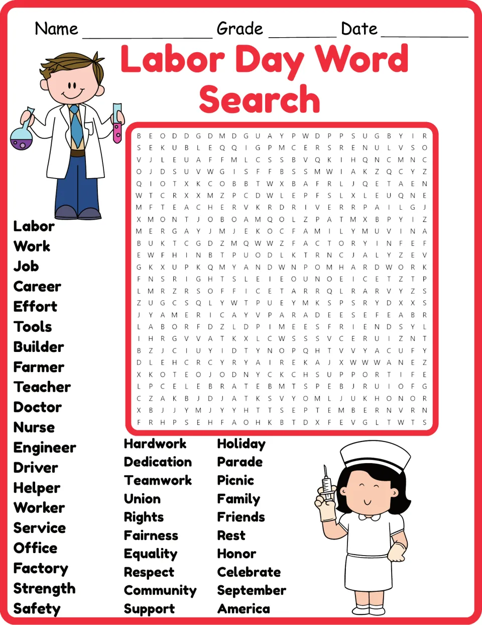 Labor Day word search in color: students find 40 hidden words such as career, union, teamwork, parade and September