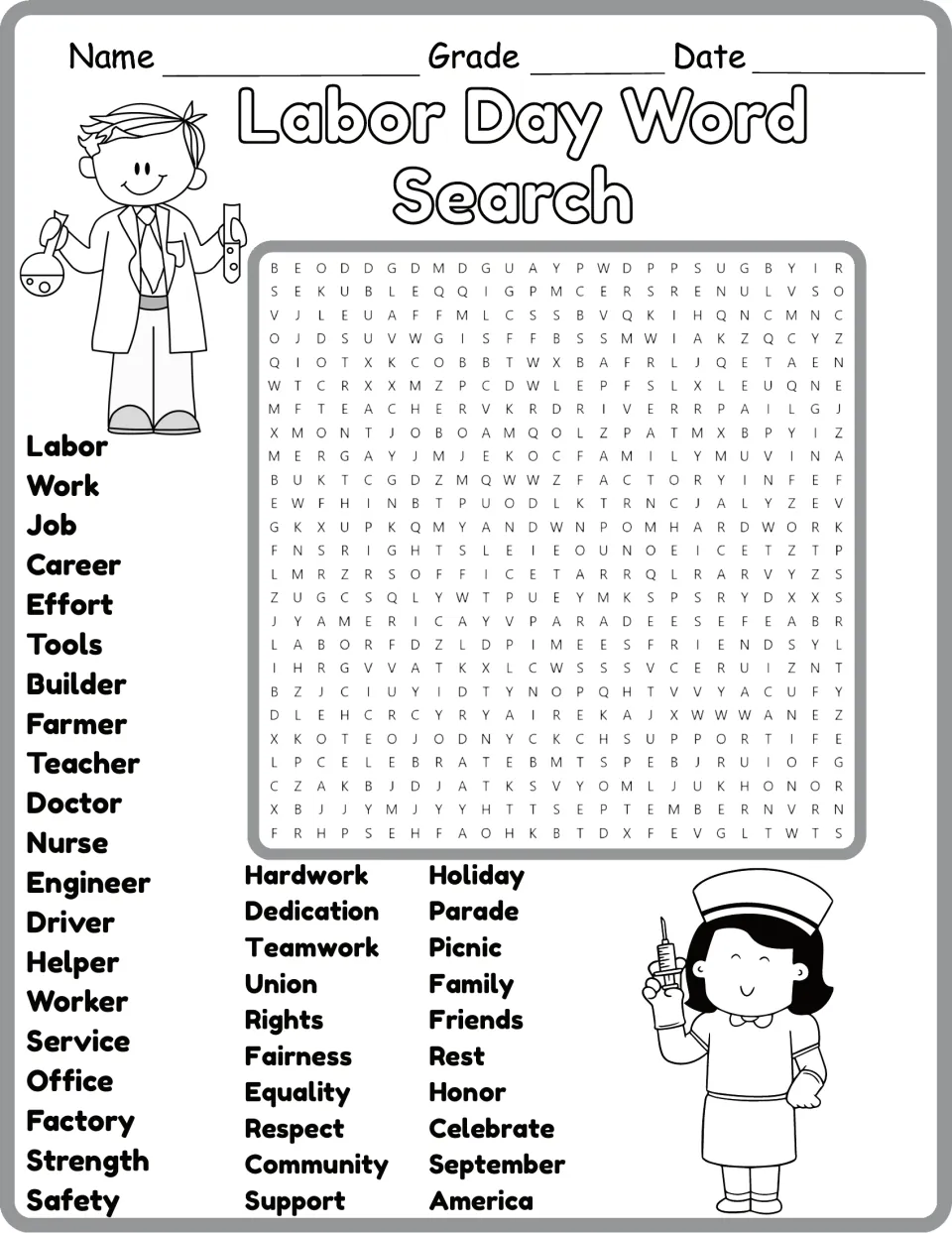 Black-and-white Labor Day word hunt: students hunt for 40 words on jobs and the holiday, from doctor to picnic