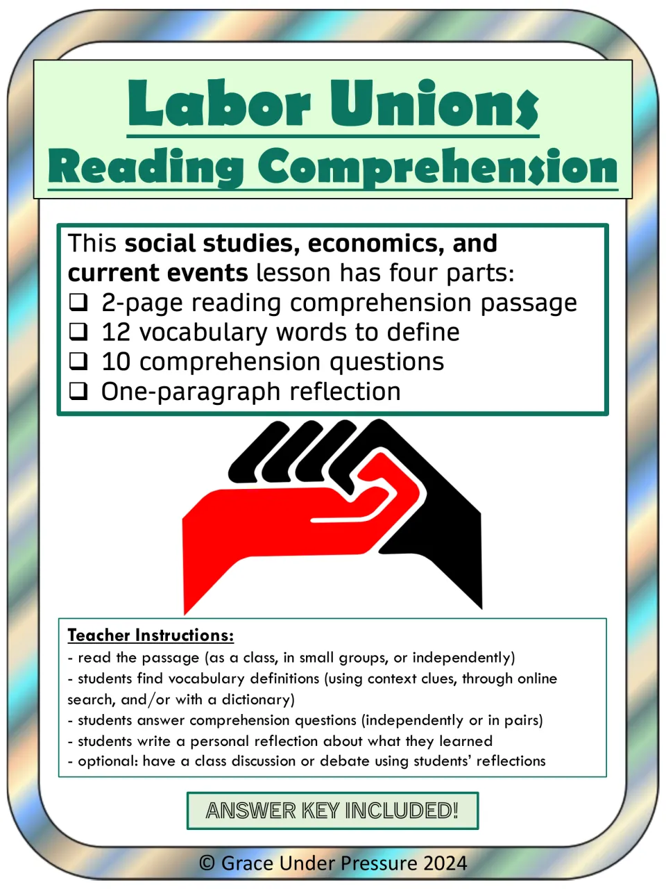 Labor Unions Reading Comprehension cover listing a 2-page passage, 12 vocabulary words, 10 questions and a reflection