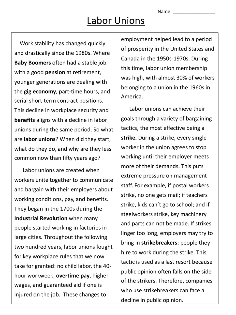 Passage part 1 on how labor unions began in the Industrial Revolution, won the 40-hour week and use strikes to bargain