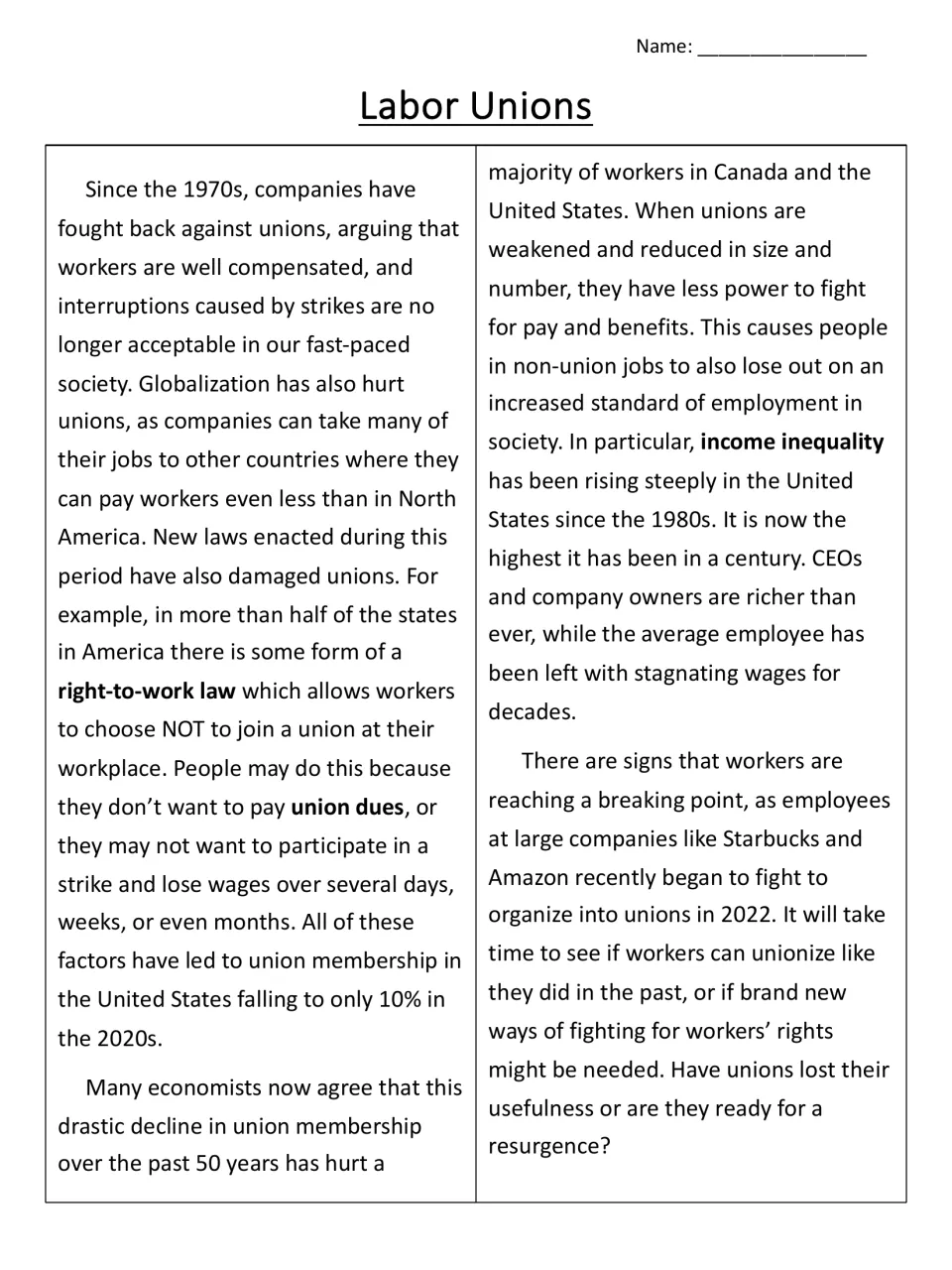 Passage part 2 on union decline since the 1970s: globalization, right-to-work laws, income inequality and new union drives
