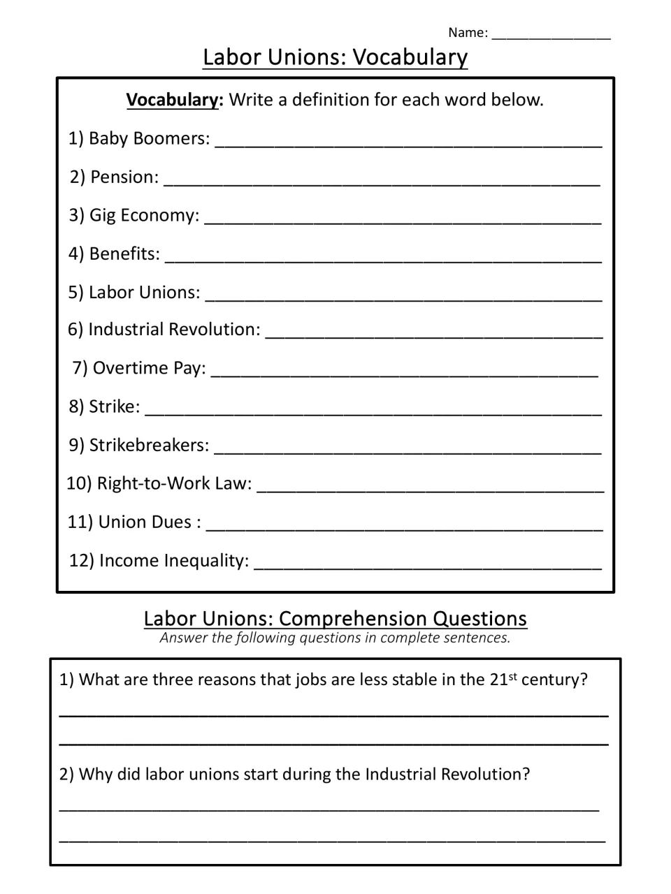 Vocabulary: students define 12 passage terms from Baby Boomers to income inequality, then answer the first 2 questions