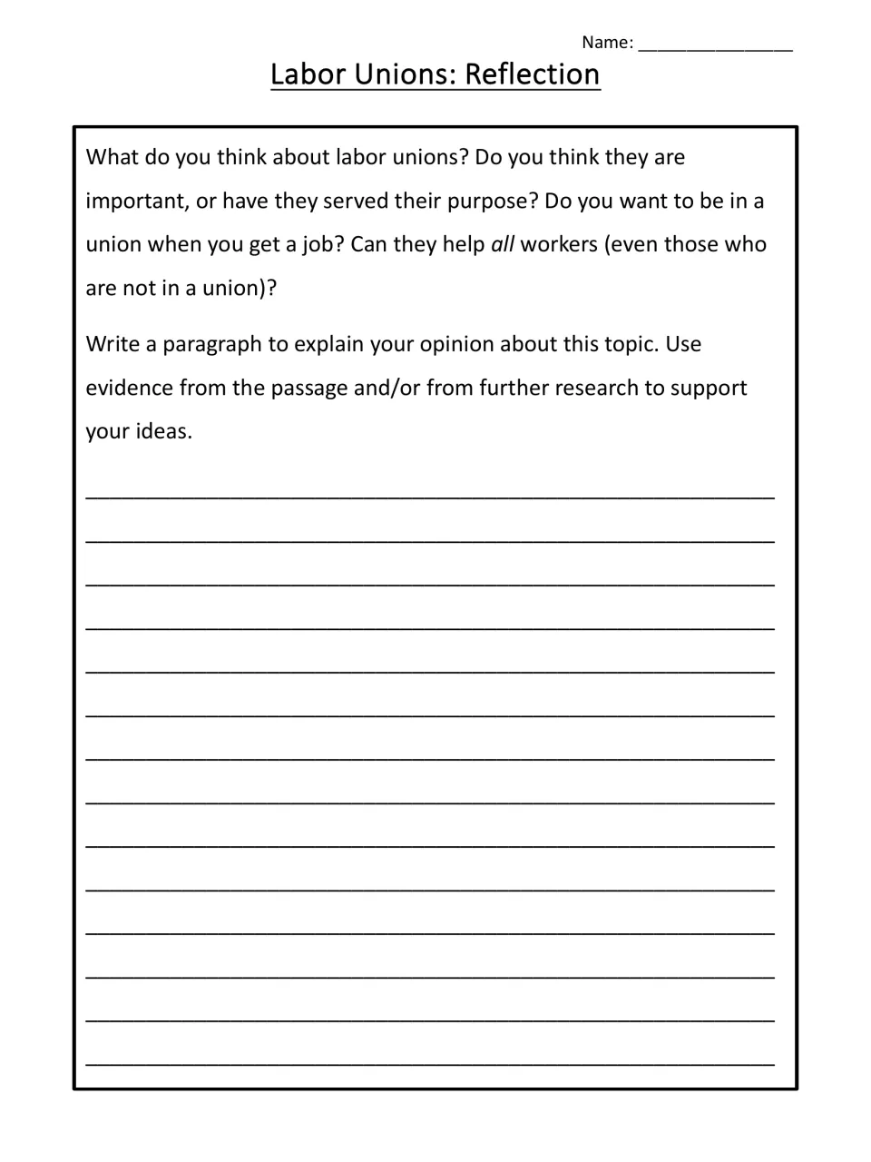 Reflection prompt: students write an opinion paragraph on whether unions still matter, citing the passage or research