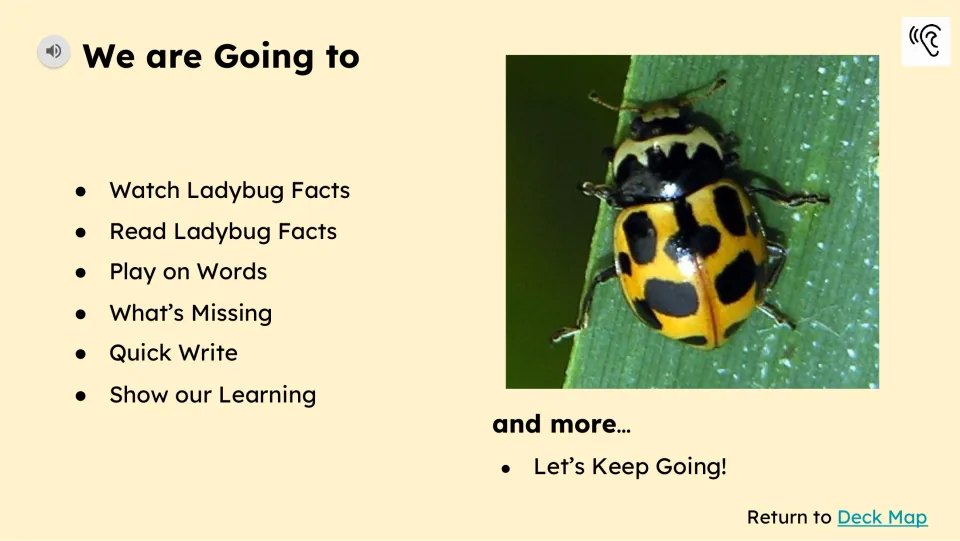 Activity preview listing watching, reading, Play on Words, What's Missing, Quick Write, and Show our Learning