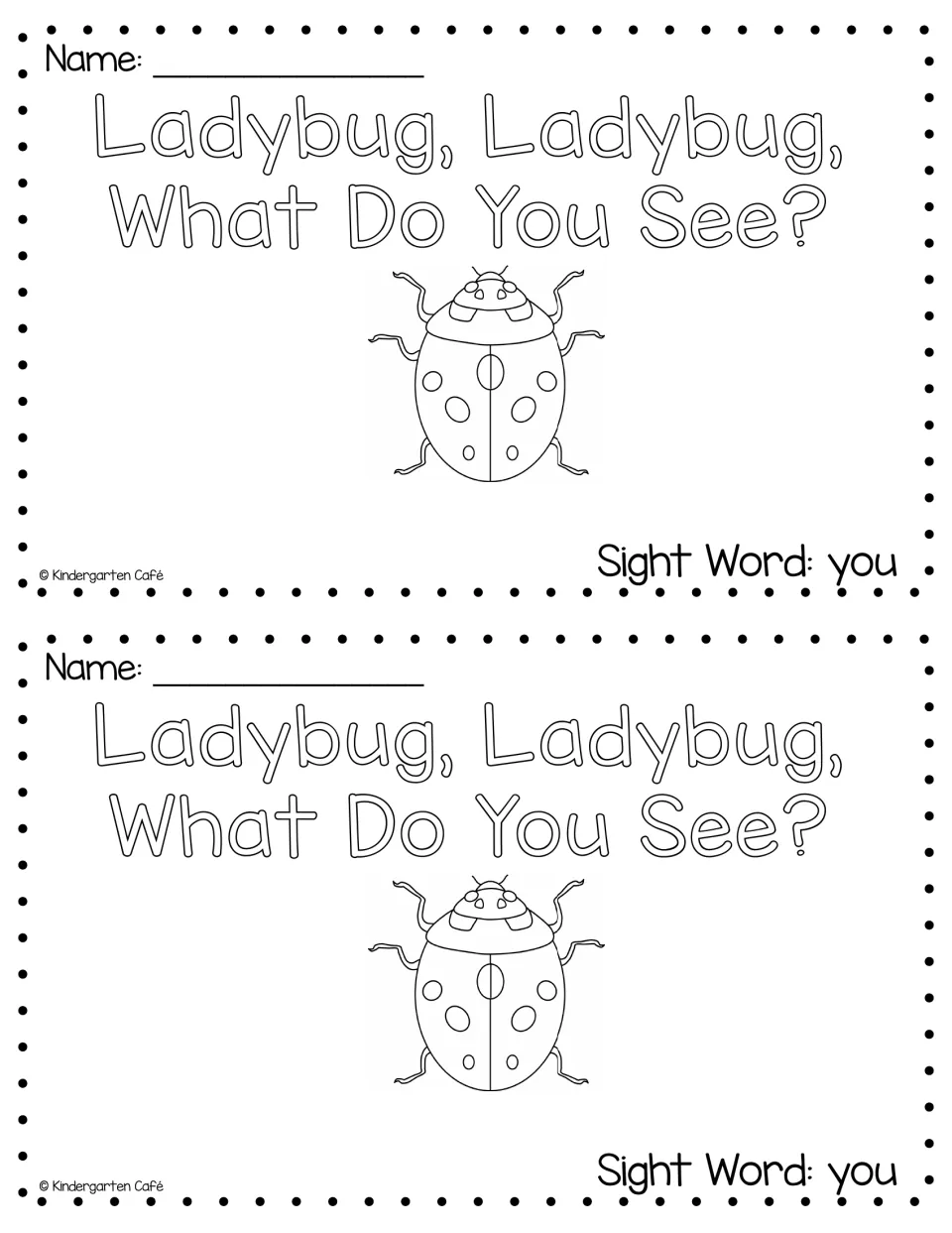 Book cover for Ladybug, Ladybug, What Do You See?, printed twice, with the sight word 'you' and a ladybug