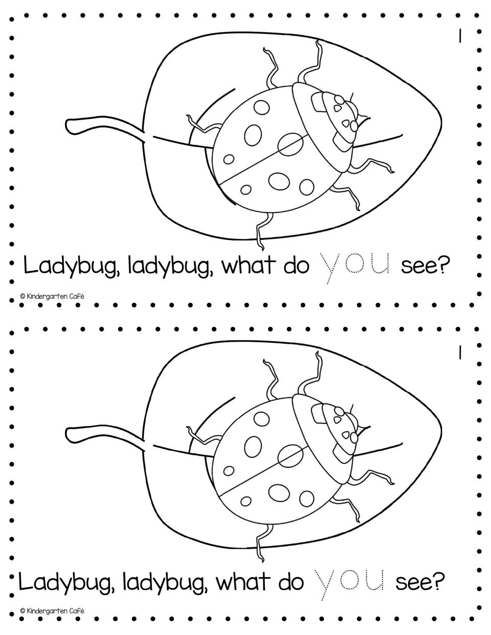 Reader page 1, printed twice: 'Ladybug, ladybug, what do you see?' with 'you' to trace and a ladybug
