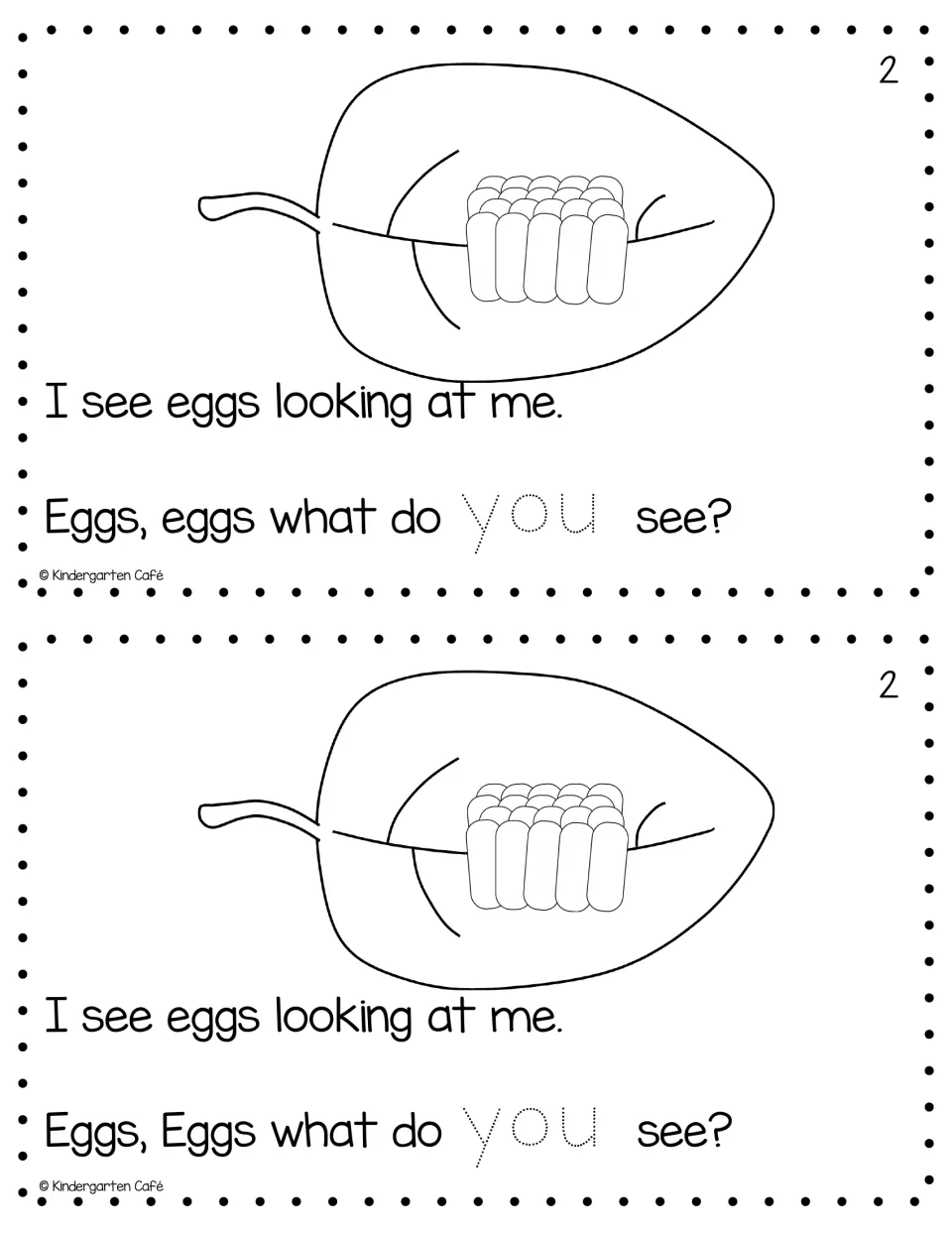 Reader page 2, printed twice: 'I see eggs looking at me.' with eggs on a leaf and the word 'you' to trace