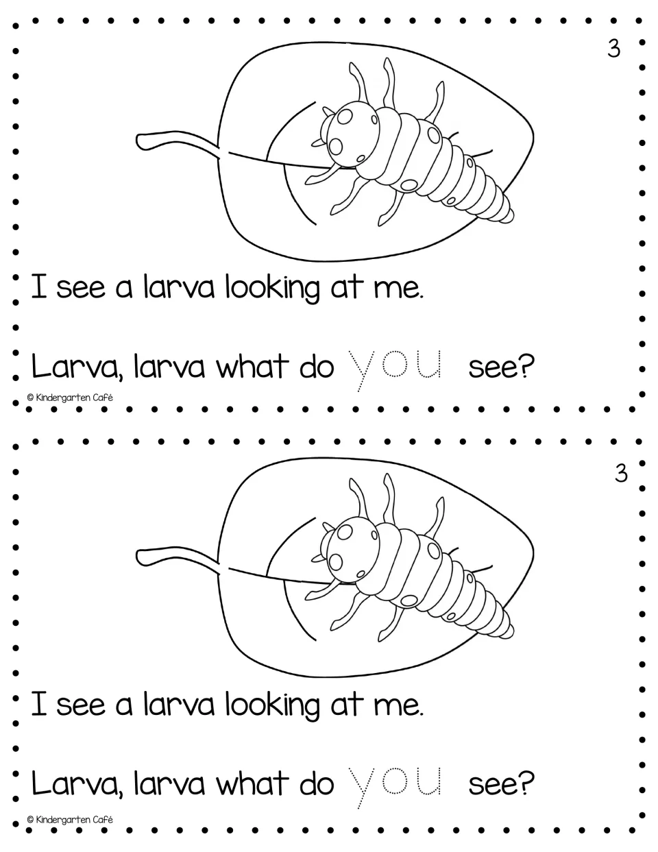 Reader page 3, printed twice: 'I see a larva looking at me.' with a larva and the word 'you' to trace
