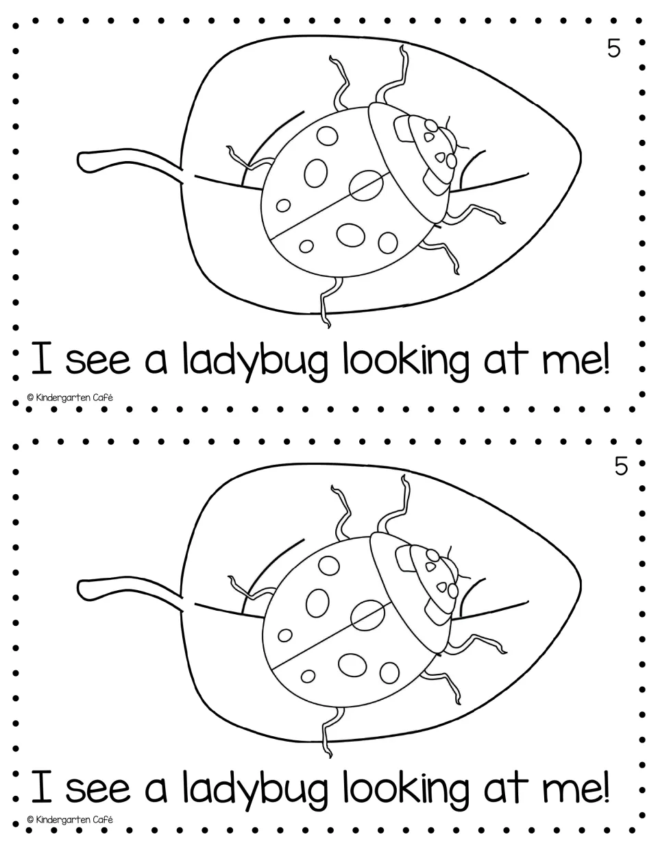 Reader page 5, printed twice: 'I see a ladybug looking at me!' with a ladybug resting on a leaf