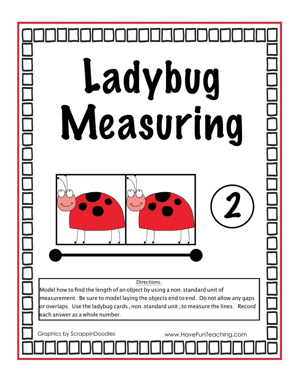 Ladybug measuring cover with teacher directions: model measuring length end to end with ladybug cards, no gaps or overlaps