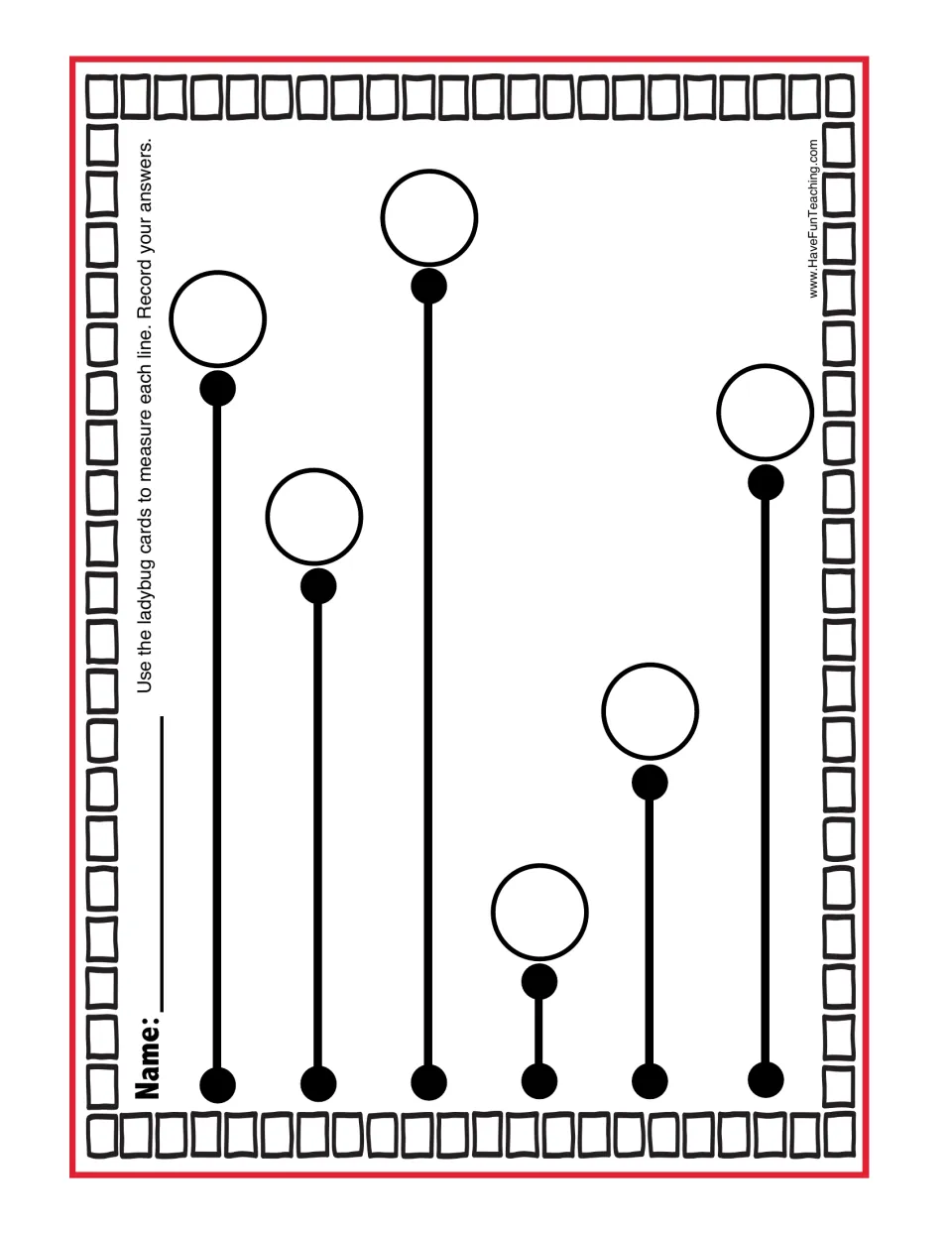 Non-standard length: students measure six lines of different lengths with ladybug cards and write each count in its circle