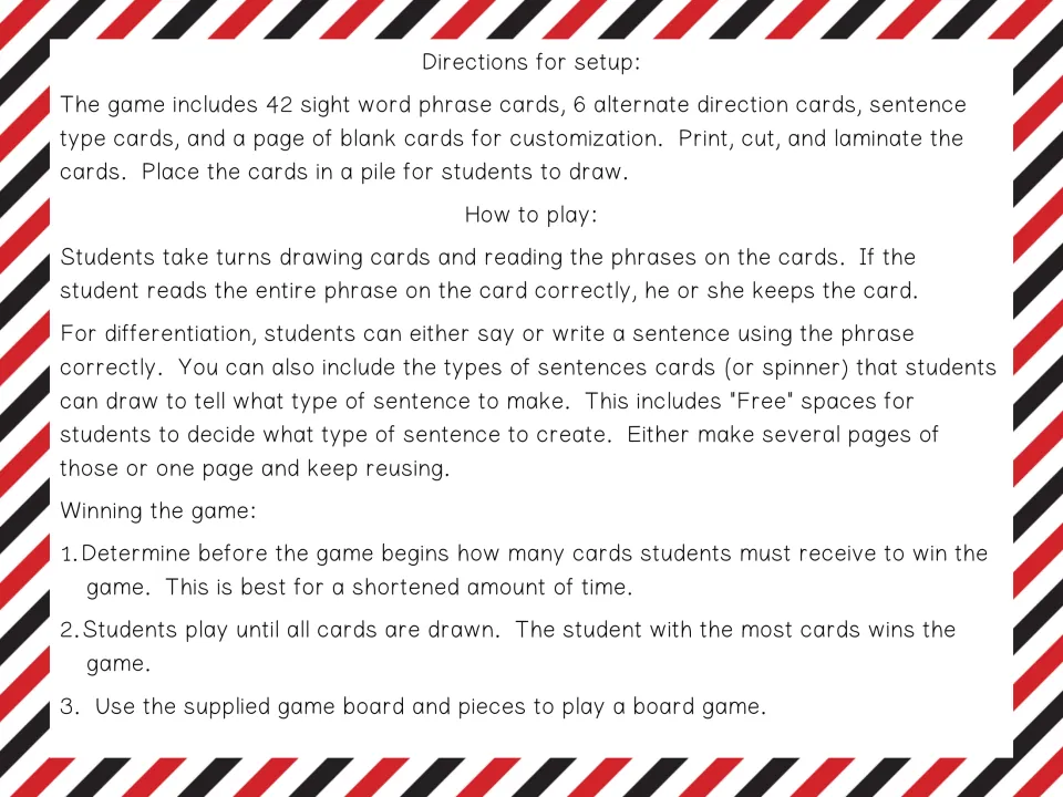 Setup and play directions: students draw cards, read each phrase aloud, may use it in a sentence; three ways to win