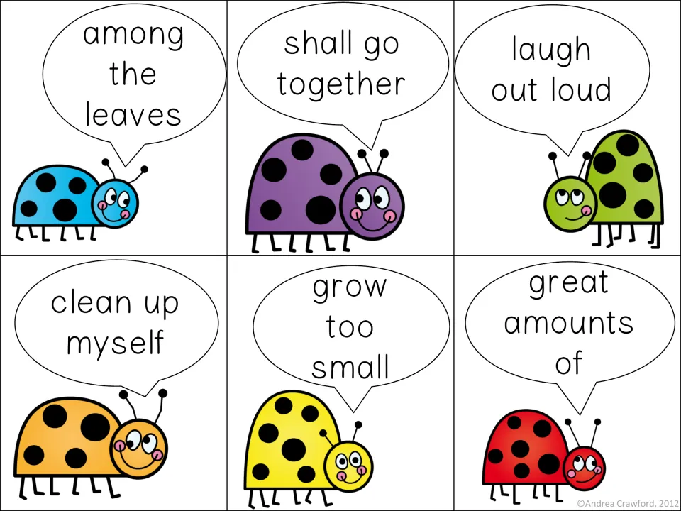 Ladybug cards for reading phrases: among the leaves, shall go together, laugh out loud, clean up myself, grow too small