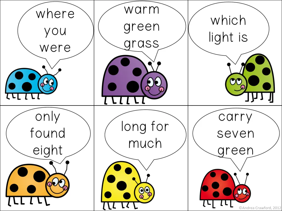 Ladybug phrase cards to read aloud: where you were, warm green grass, which light is, only found eight, carry seven green