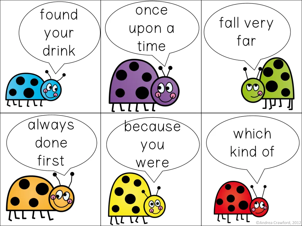 Cards for reading high-frequency phrases: found your drink, once upon a time, fall very far, always done first