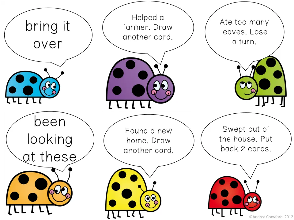 Last phrase cards (bring it over, been looking at these) plus action cards like Ate too many leaves. Lose a turn