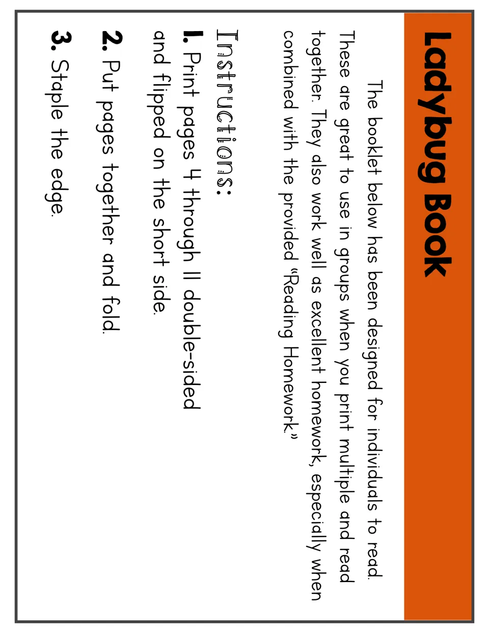 Ladybug booklet instructions: print pages 4–11 double-sided, flip on the short side, fold, and staple