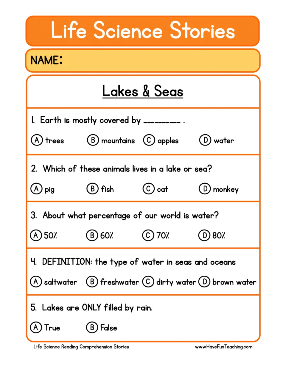Comprehension questions 1–5 about Earth's water coverage, aquatic animals, saltwater, and lake water sources.