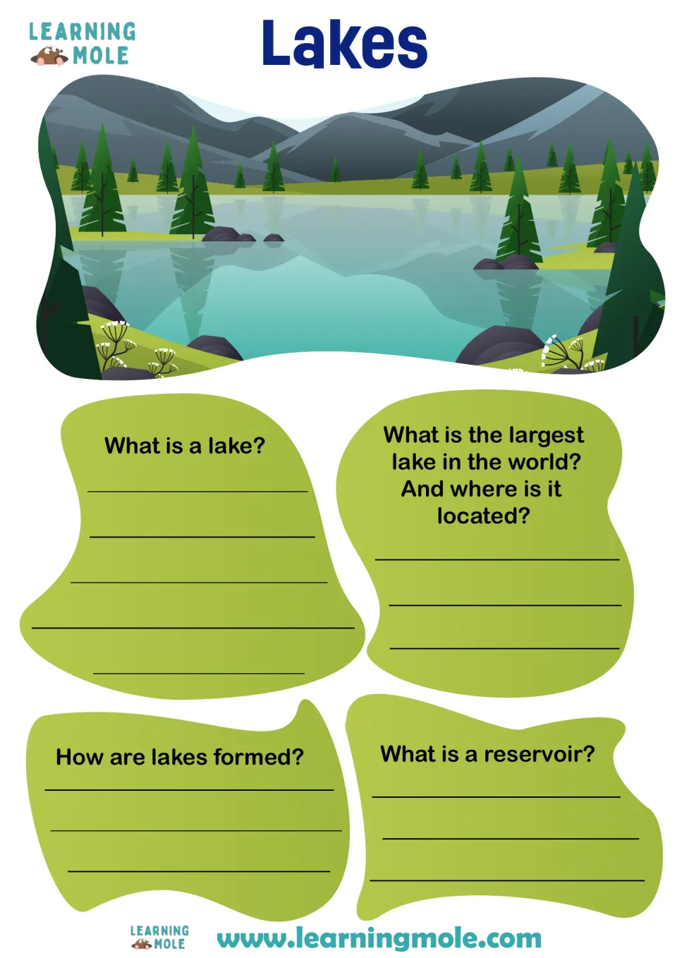 Lakes fact file: students research and answer what a lake is, the largest lake, how lakes form and what a reservoir is