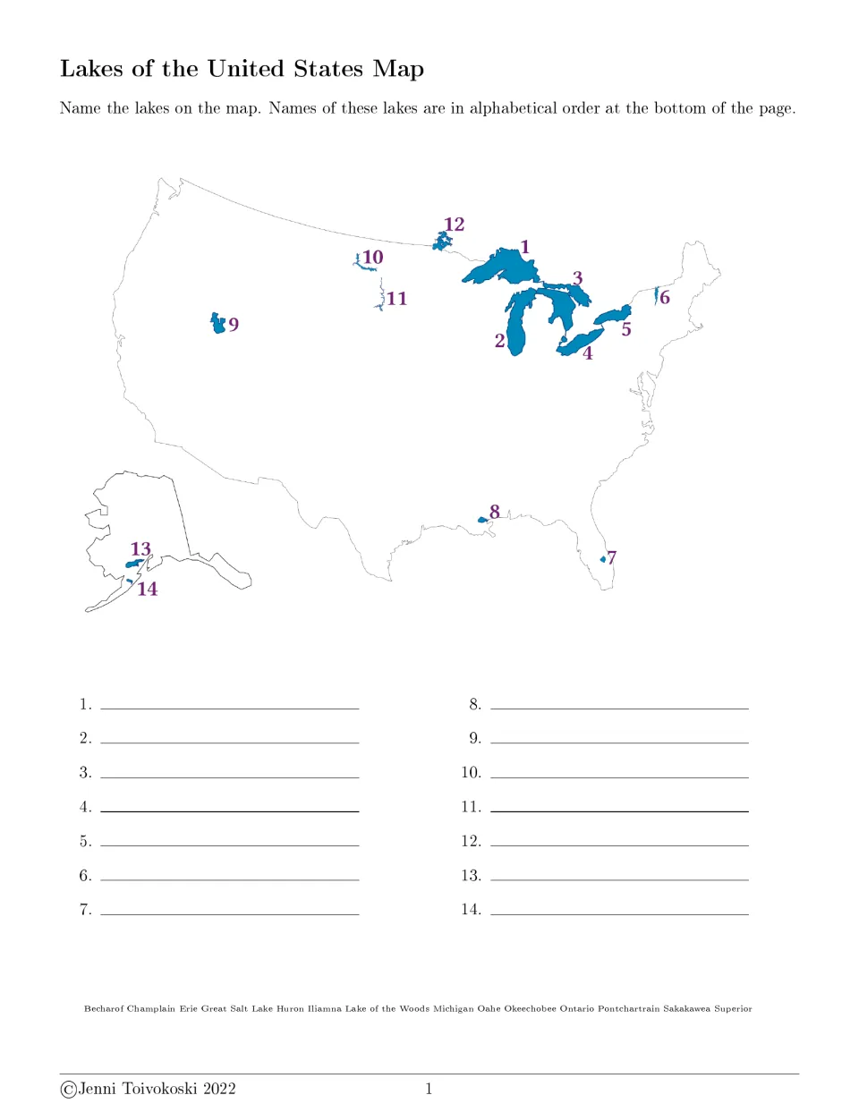 U.S. lakes labeling worksheet: 14 numbered lakes, including the five Great Lakes, and an alphabetical word bank