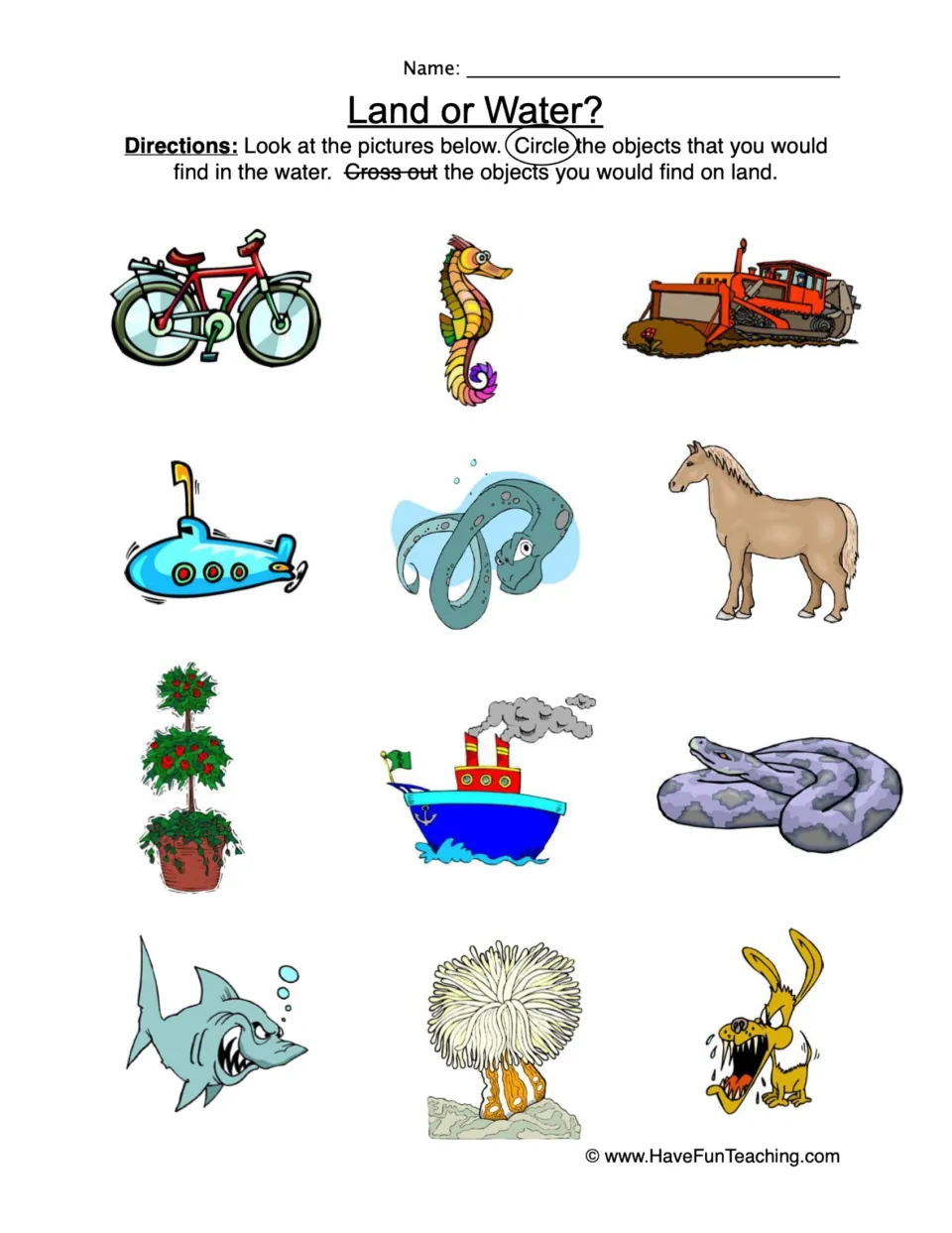 Sorting worksheet: circle water objects and cross out land objects among 12 pictures, including a seahorse.