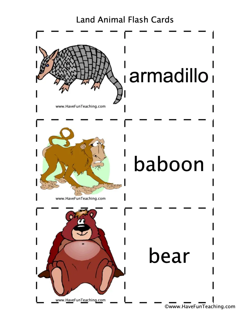 Animal flashcard pairs 1–3: armadillo, baboon, and bear, with animal pictures and matching word cards.
