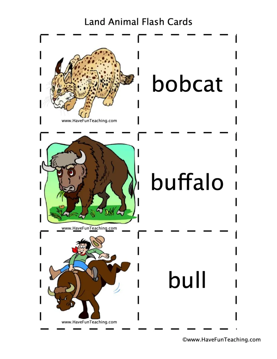 Animal flashcard pairs 4–6: bobcat, buffalo, and bull, with animal pictures and matching word cards.