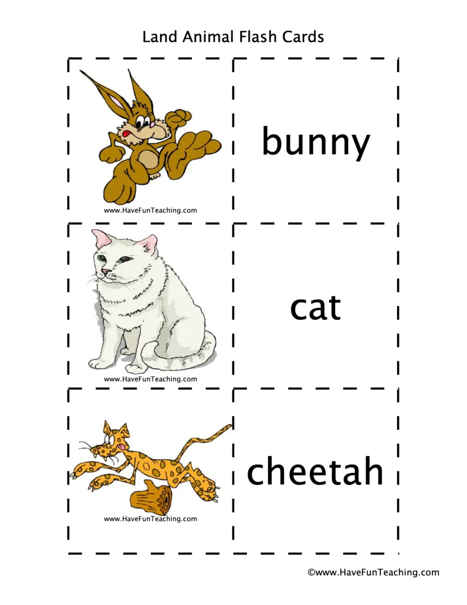 Animal flashcard pairs 7–9: bunny, cat, and cheetah, with animal pictures and matching word cards.