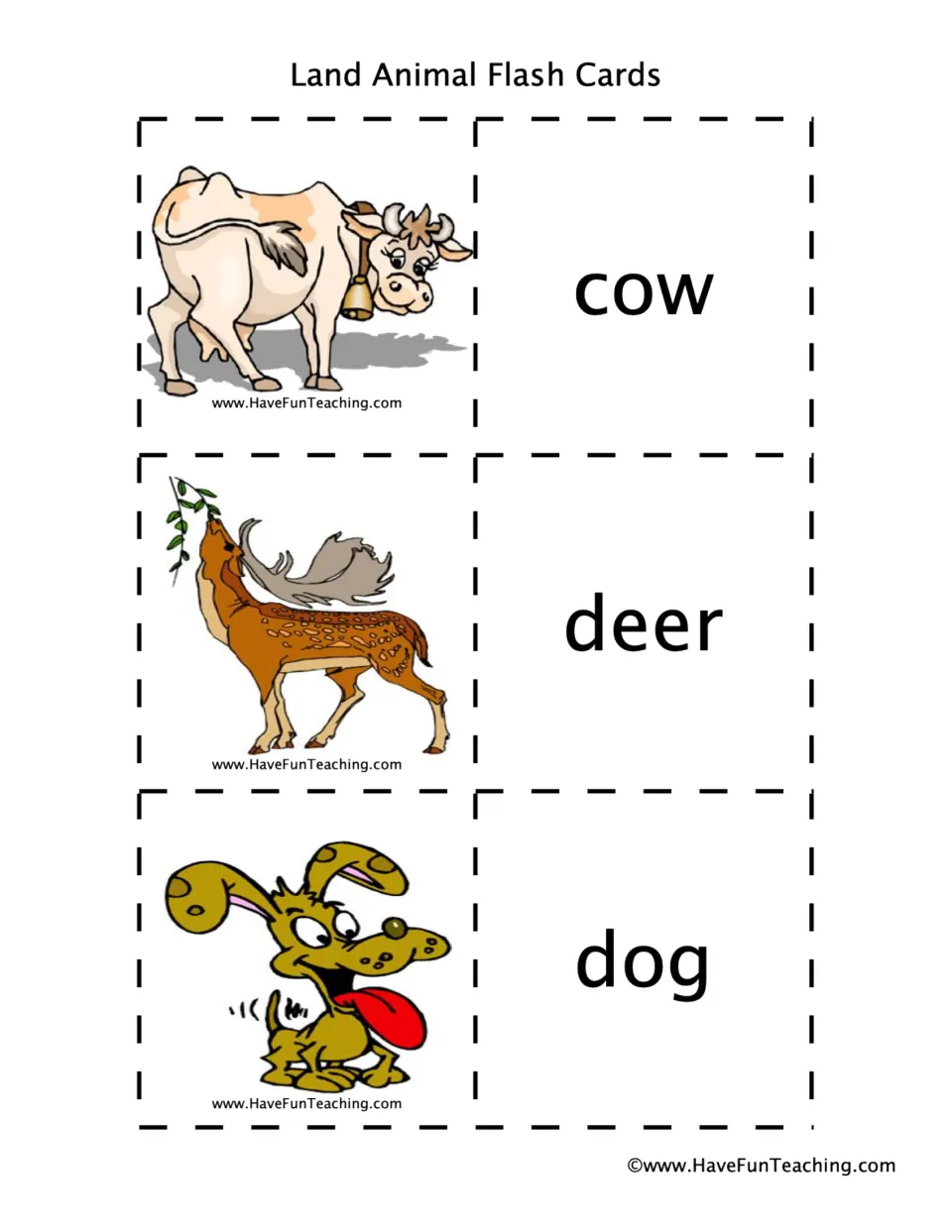 Animal flashcard pairs 10–12: cow, deer, and dog, with animal pictures and matching word cards.
