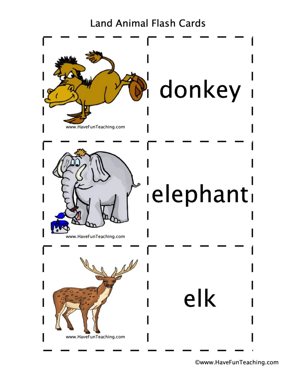Animal flashcard pairs 13–15: donkey, elephant, and elk, with animal pictures and matching word cards.