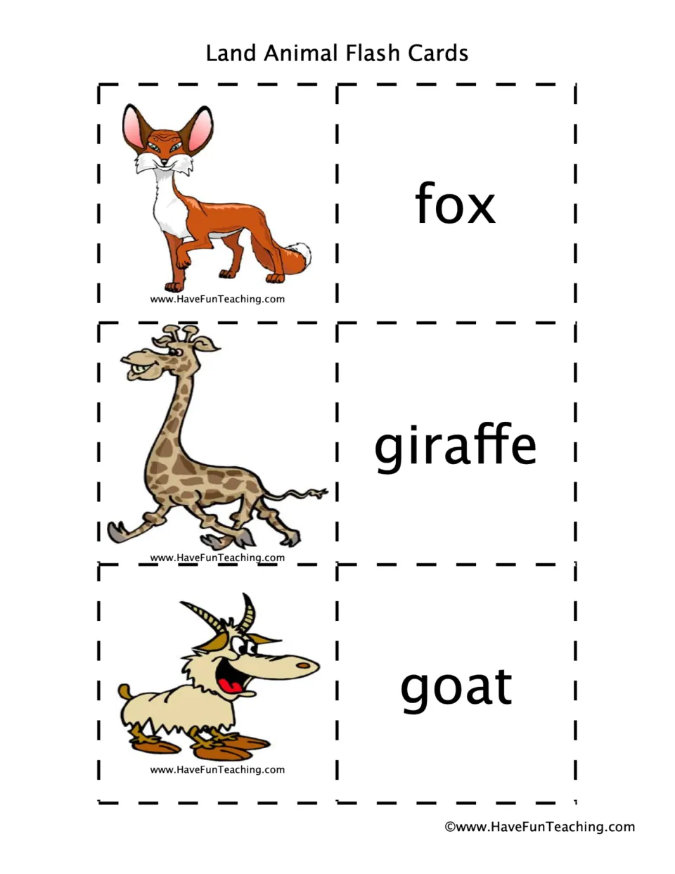Animal flashcard pairs 16–18: fox, giraffe, and goat, with animal pictures and matching word cards.