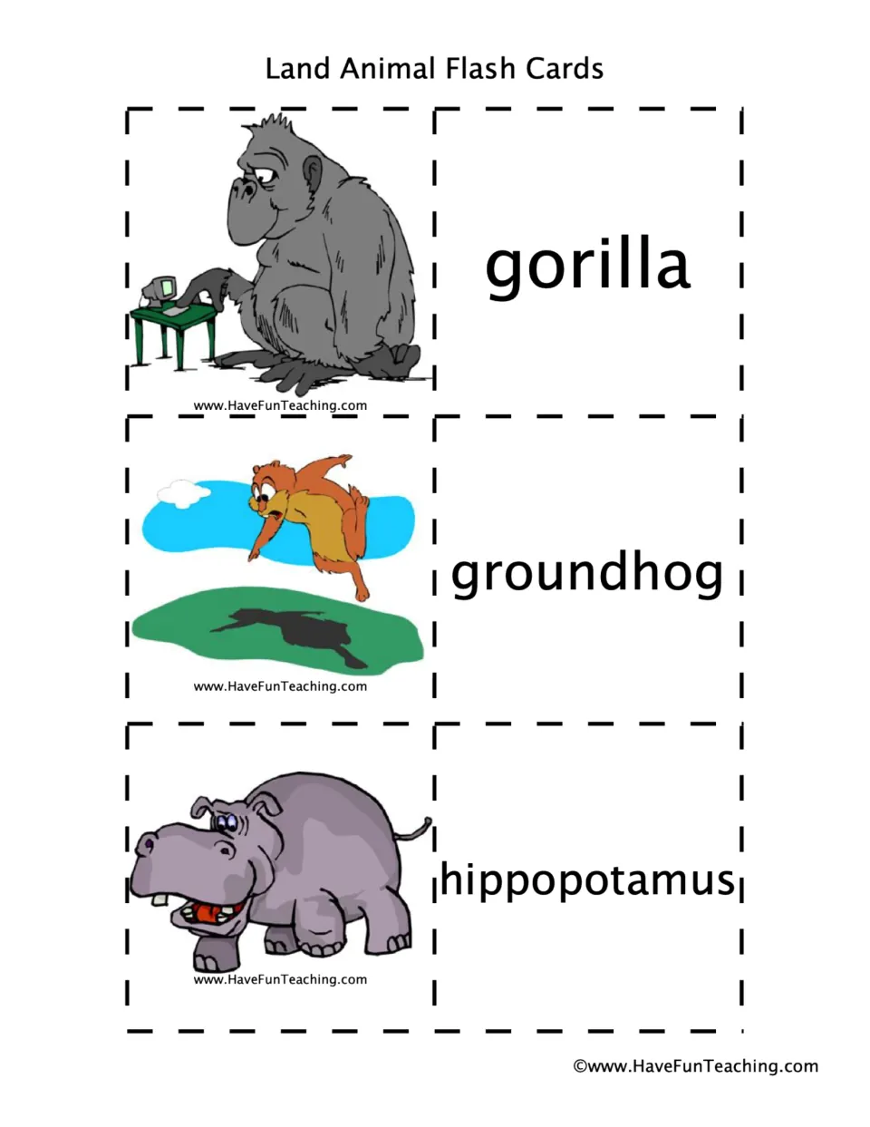 Animal flashcard pairs 19–21: gorilla, groundhog, and hippopotamus, with pictures and matching word cards.