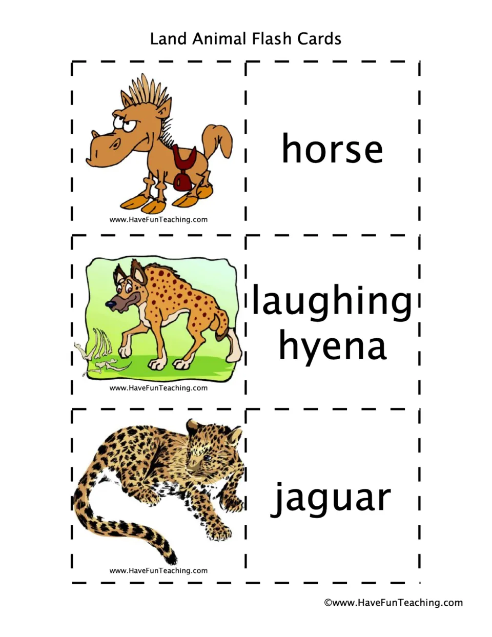 Animal flashcard pairs 22–24: horse, laughing hyena, and jaguar, with pictures and matching word cards.