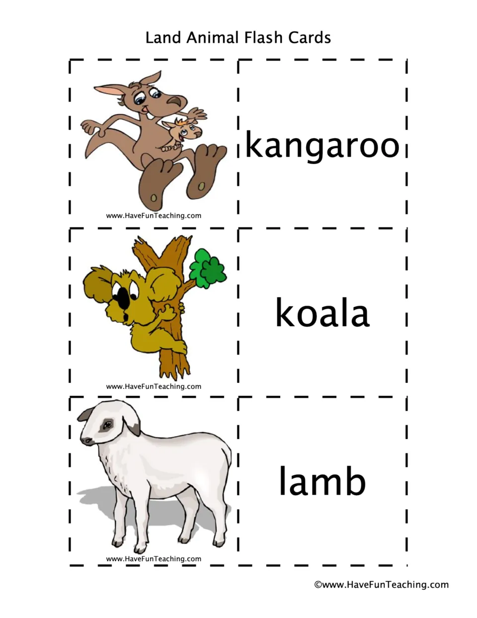 Animal flashcard pairs 25–27: kangaroo, koala, and lamb, with animal pictures and matching word cards.