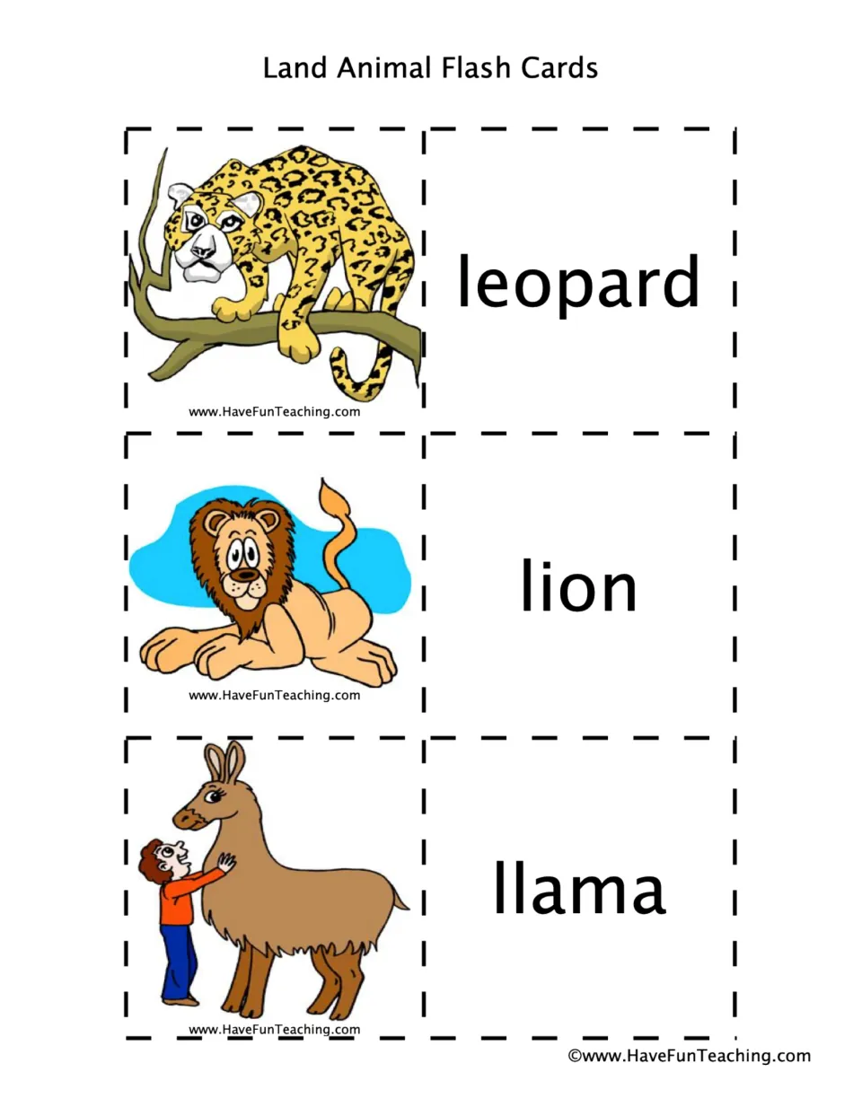 Animal flashcard pairs 28–30: leopard, lion, and llama, with animal pictures and matching word cards.