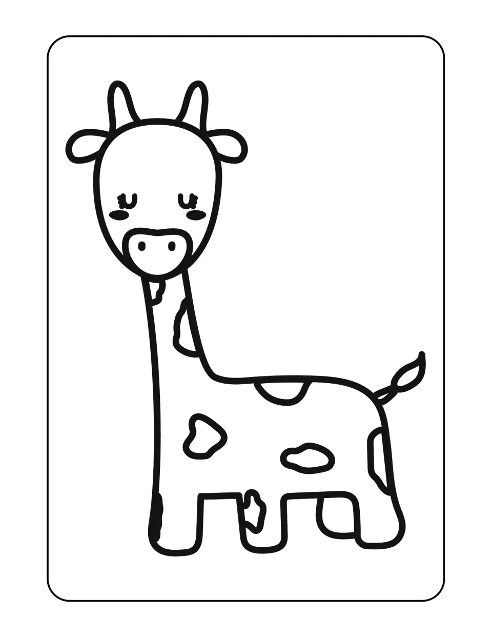 Giraffe coloring sheet in the land animal set, showing a long-necked giraffe with closed eyes and spots