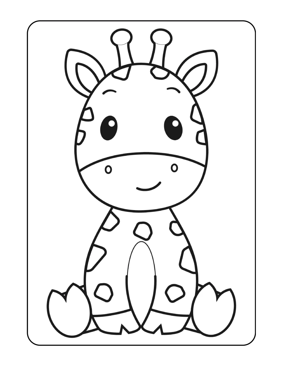 Giraffe coloring sheet in the land animal set, featuring a seated baby giraffe with spots and a smile
