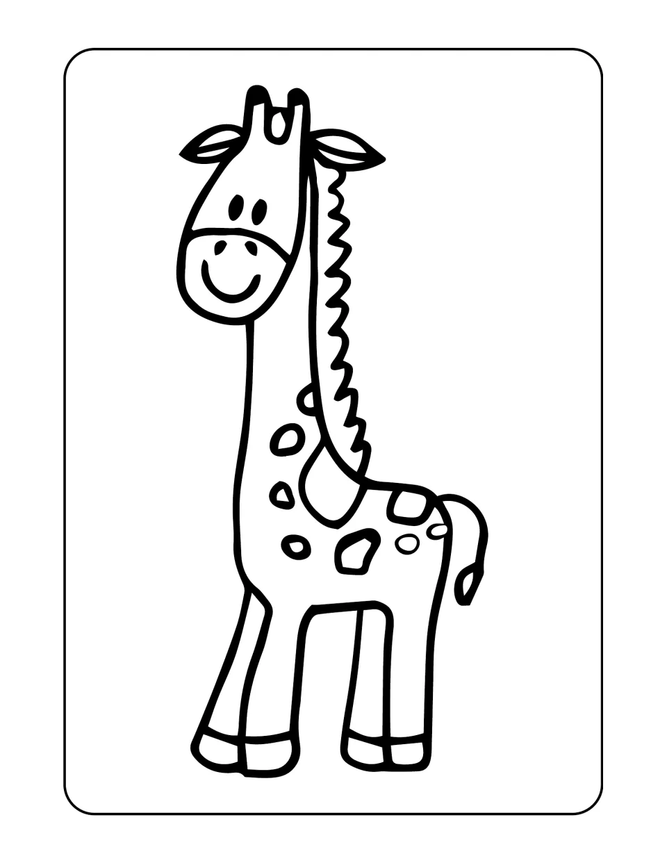 Giraffe coloring sheet in the land animal set, showing a standing giraffe with a smile and zigzag mane
