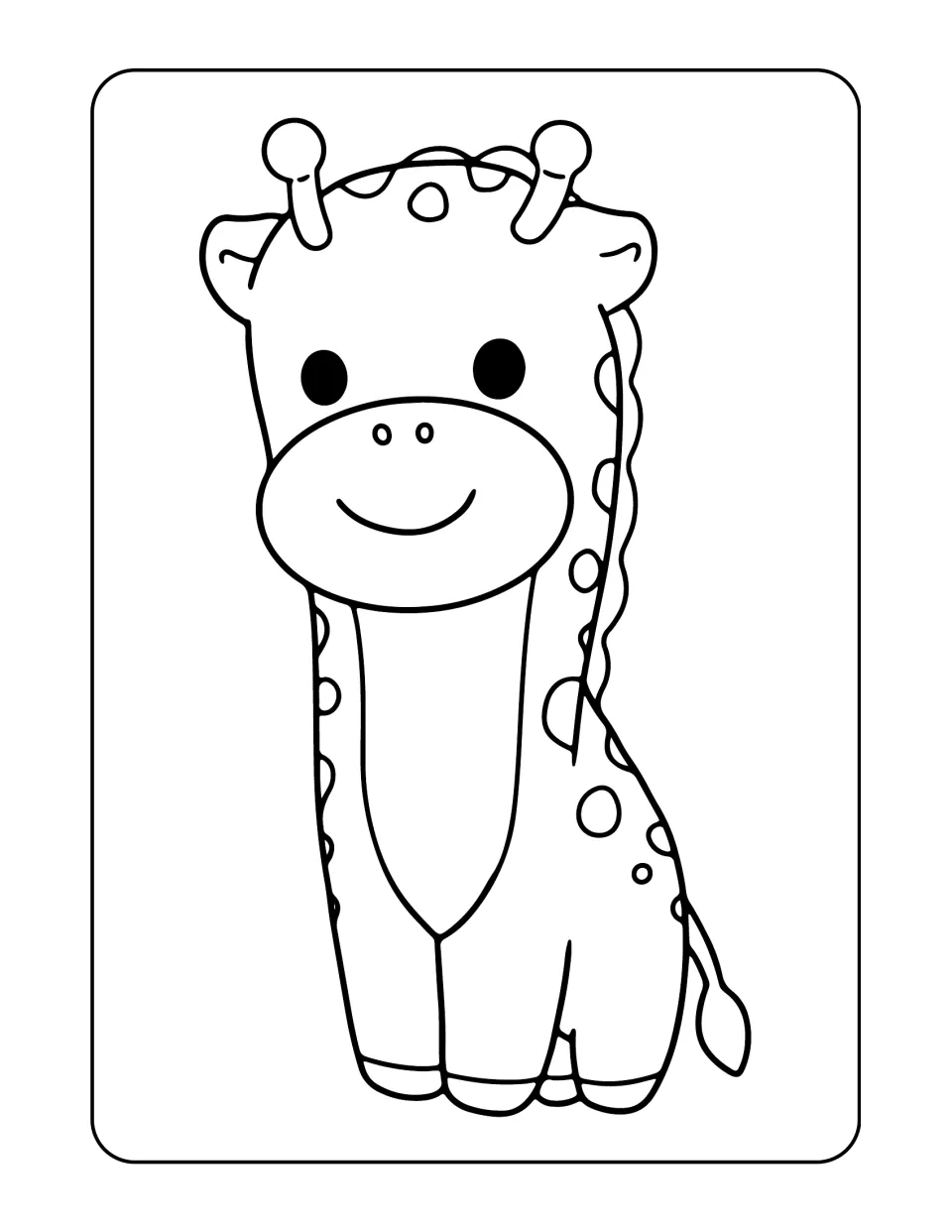 Giraffe coloring sheet in the land animal set, featuring a smiling giraffe with round spots and large eyes