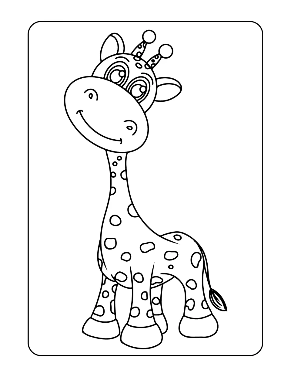 Giraffe coloring sheet in the land animal set, showing a spotted giraffe with a tilted head and wide eyes