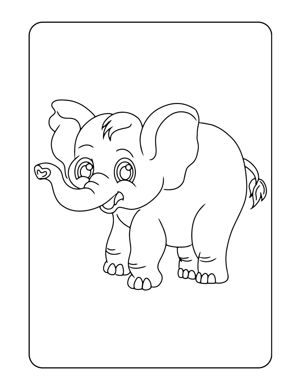 Elephant coloring sheet in the land animal set, featuring a smiling elephant with its trunk raised
