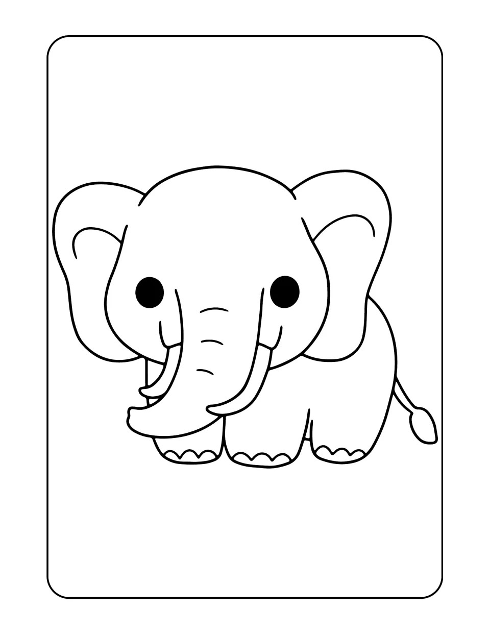 Elephant coloring sheet in the land animal set, showing an elephant with curved tusks and a lowered trunk