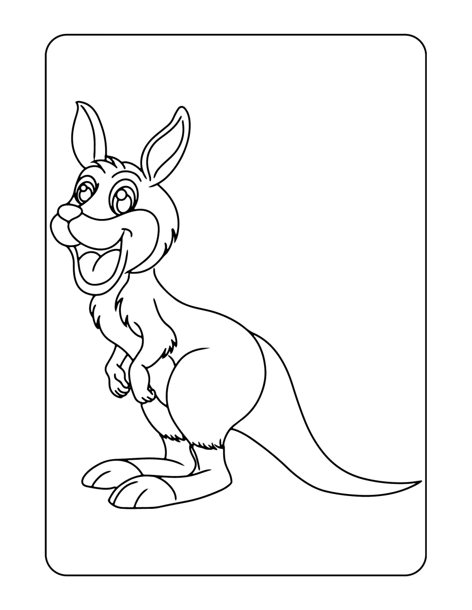 Kangaroo coloring sheet in the land animal set, featuring a smiling kangaroo with long ears and a long tail
