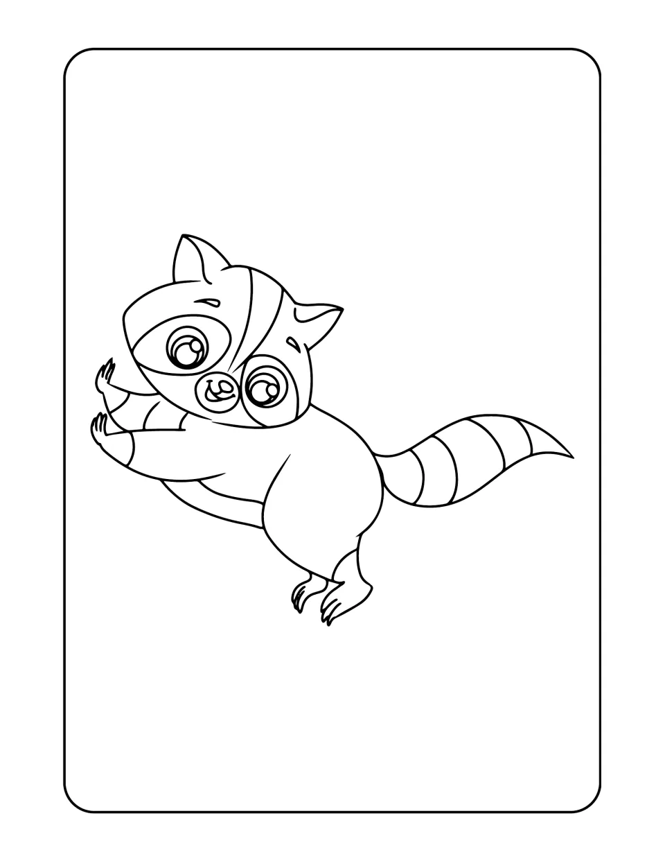 Raccoon coloring sheet in the land animal set, showing a raccoon with a striped tail and outstretched paws