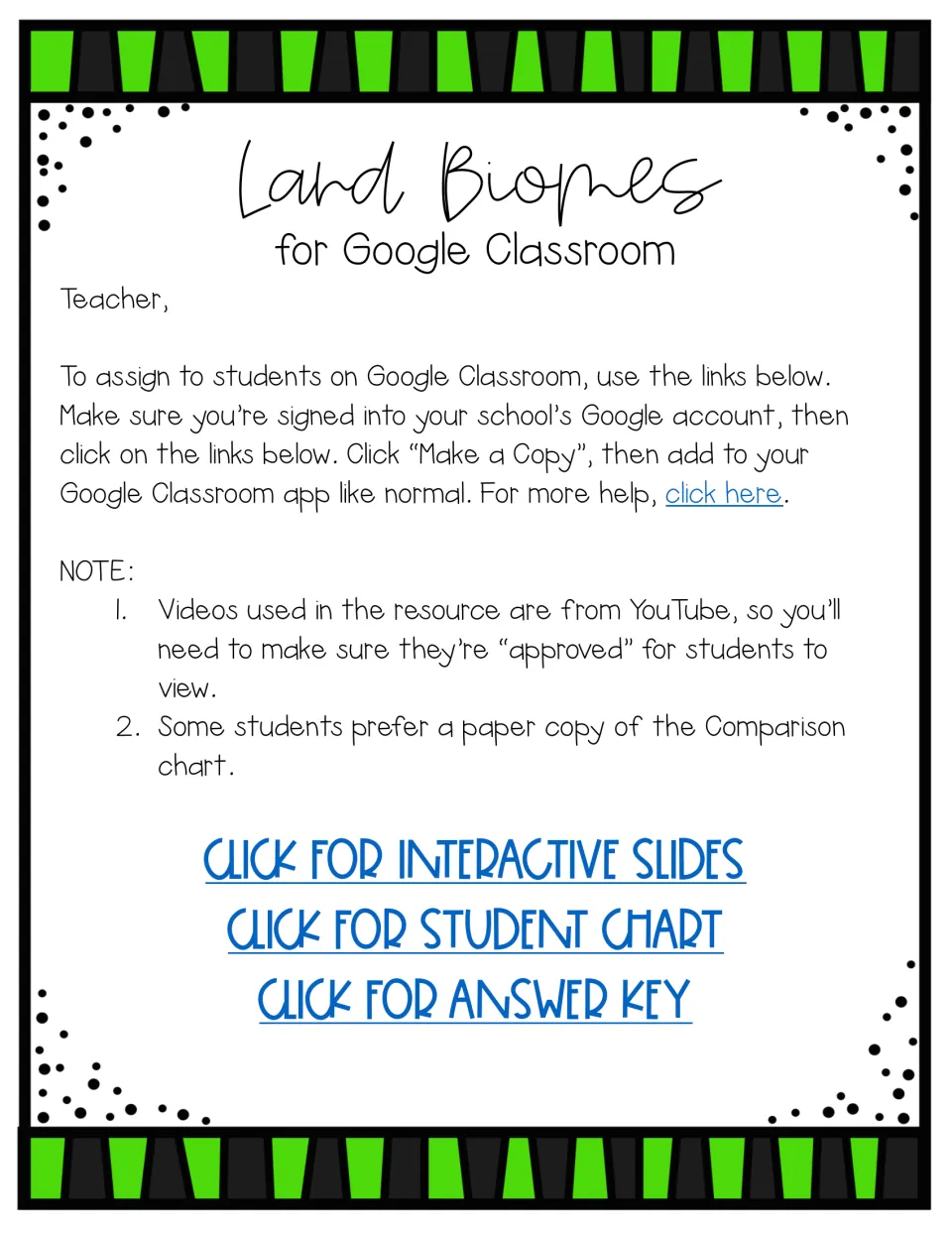 Teacher instructions for accessing land biome interactive slides, a student comparison chart, and an answer key.