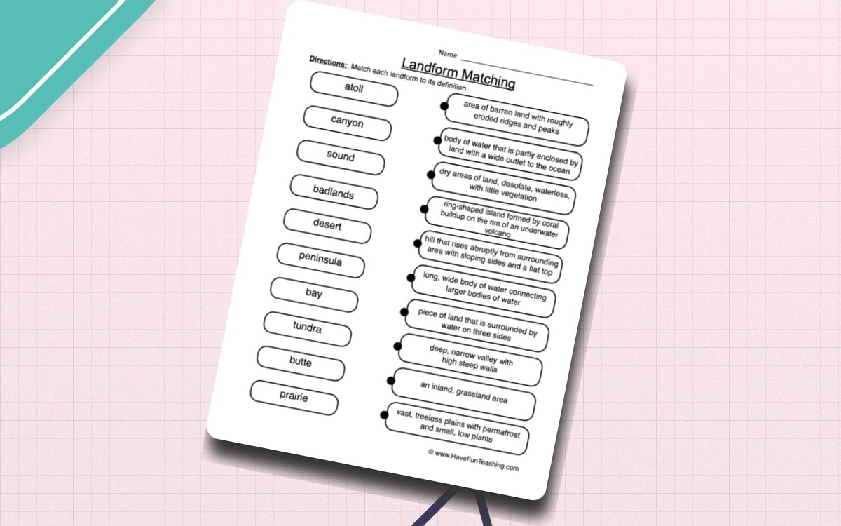 Landform Definitions Worksheet worksheet page with the activity title and student response area.