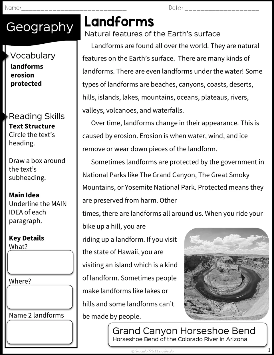 Landforms reading passage on erosion and national parks: students circle the heading, underline main ideas, note details