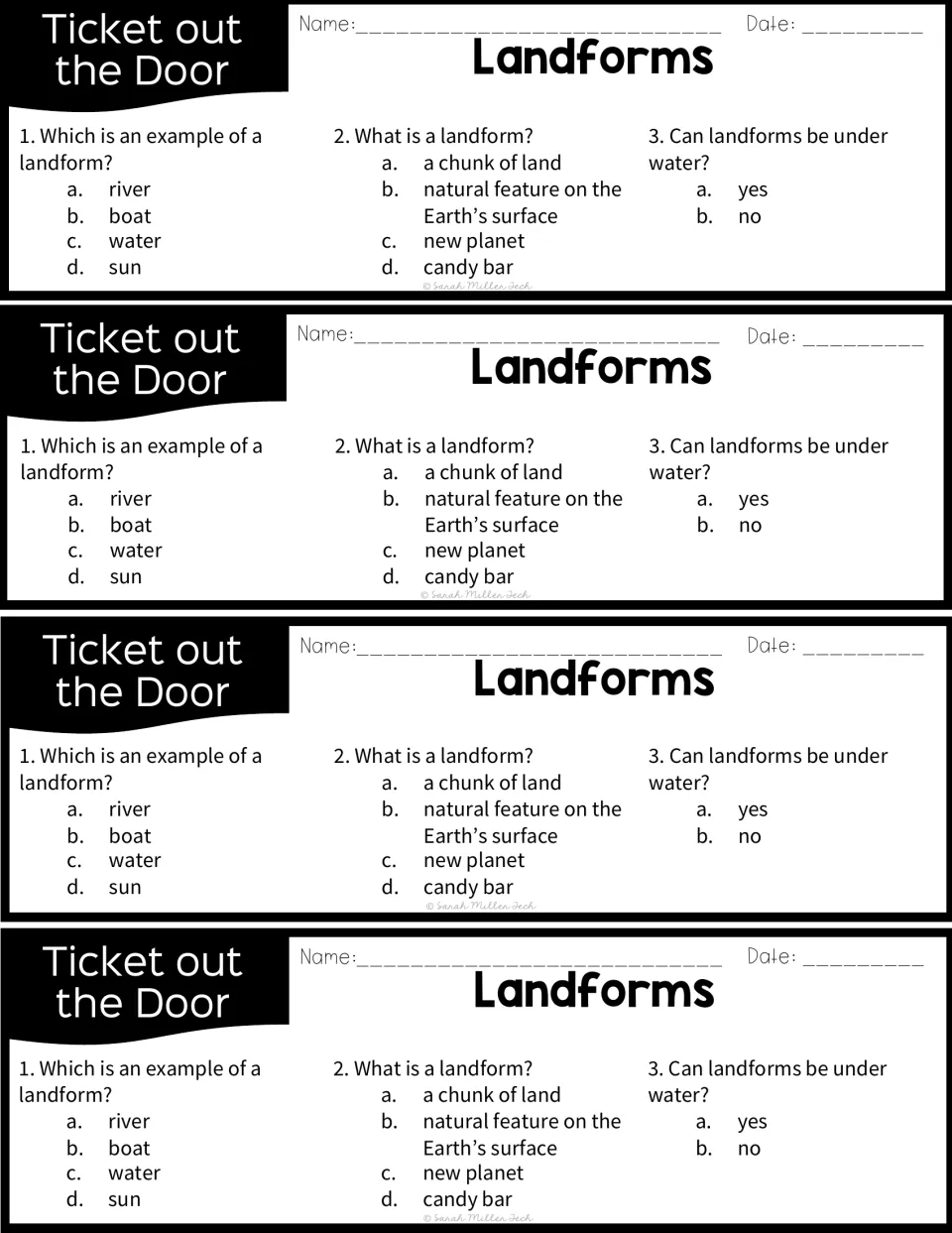 Landforms exit tickets, four per page: three multiple-choice questions on what a landform is and examples