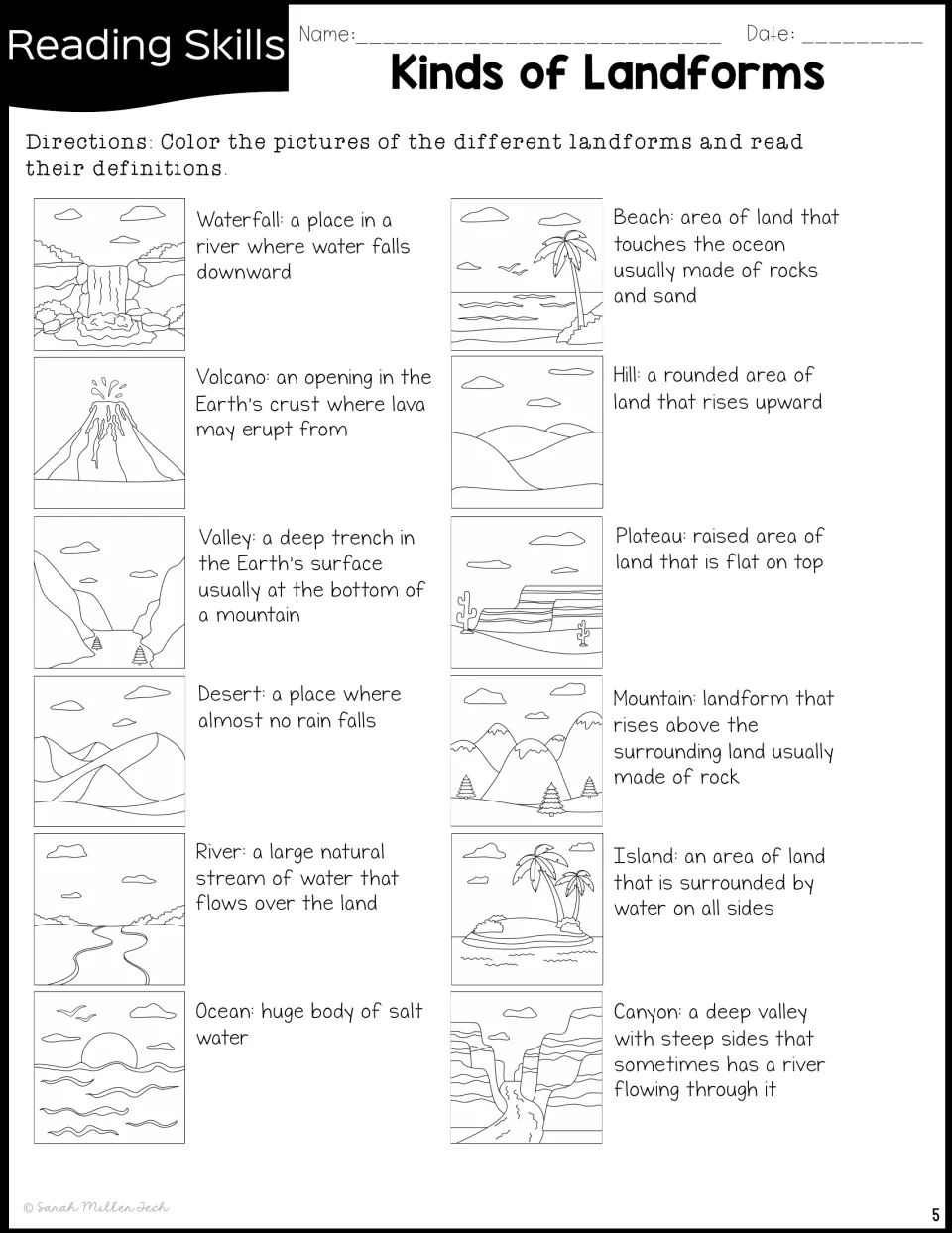 Kinds of landforms coloring page: students color 12 pictures, from waterfall to canyon, and read each definition